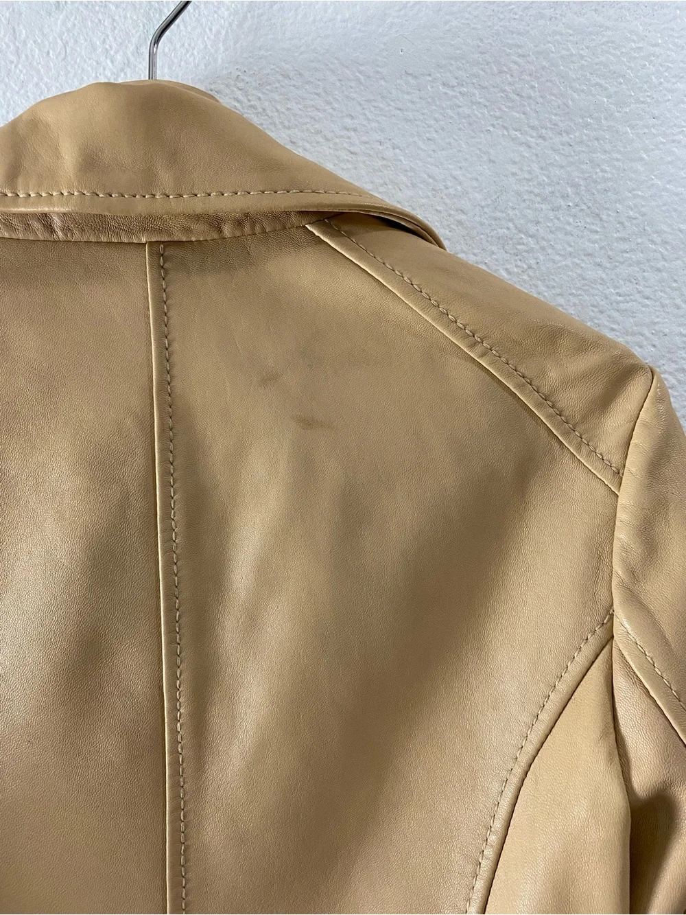 New Michael Kors 100% Leather Moto Jacket Medium Camel Brown Flawed
